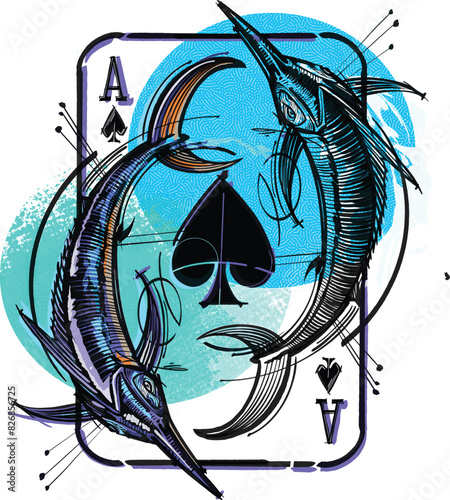 Marlin fish and background with an ace of spades