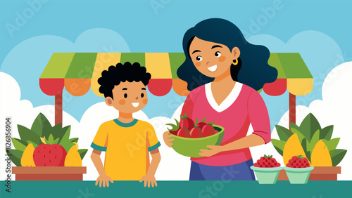 A mother and son trying exotic fruits like rambutan and dragonfruit at the international fruit stand with wideeyed wonder.. Vector illustration