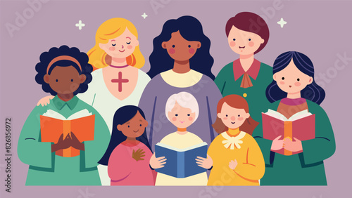 A group of church ladies sitting with a sick child and singing hymns to lift their spirits.. Vector illustration