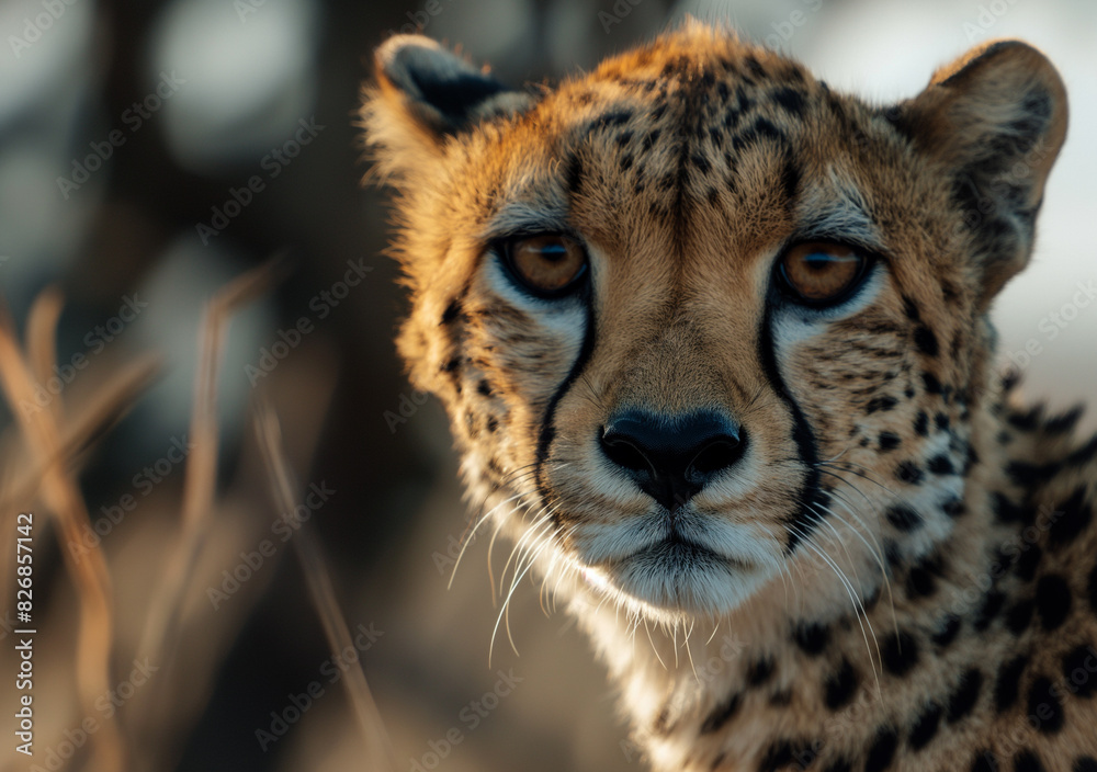 A close-up of a cheetah's face, highlighting its distinctive tear markings and golden fur.
