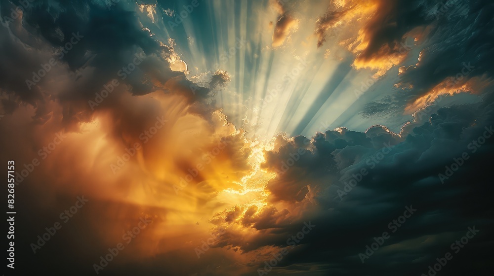 Naklejka premium A dramatic sky with rays of sunlight streaming through gaps in the clouds, creating a heavenly effect