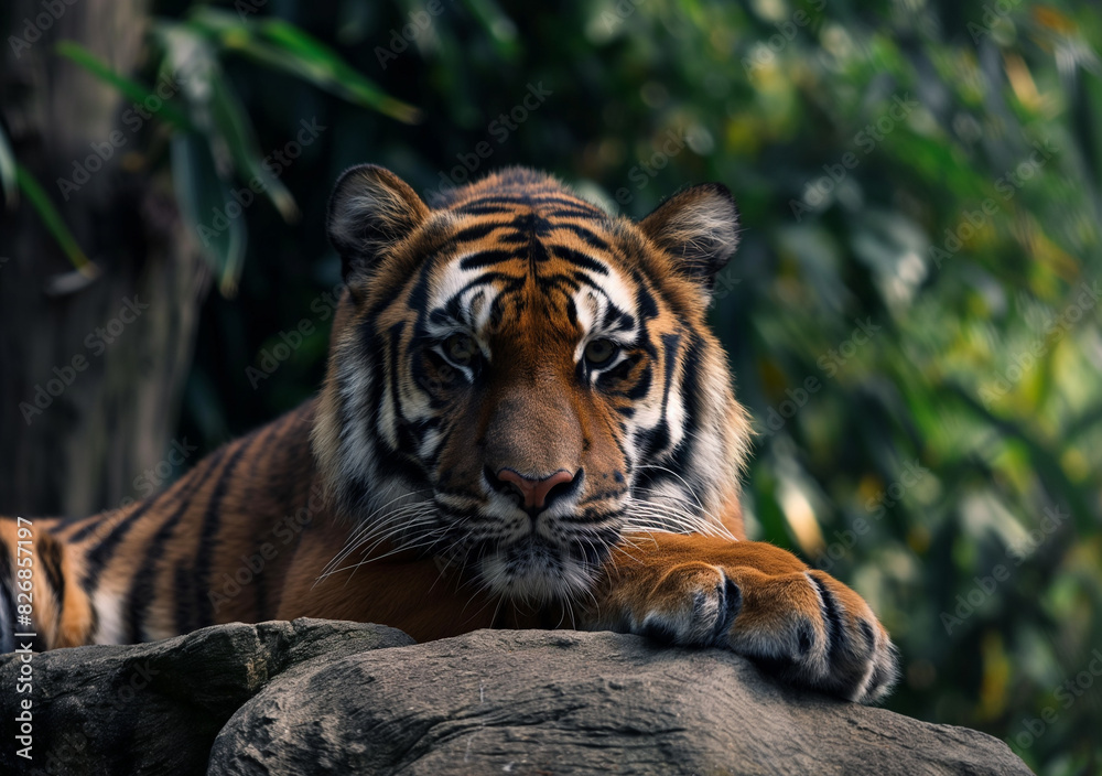A tiger rests on a rock, gazing intently with its front paw draped over the edge.
A tiger rests on a rock, gazing intently with its front paw draped over the edge.