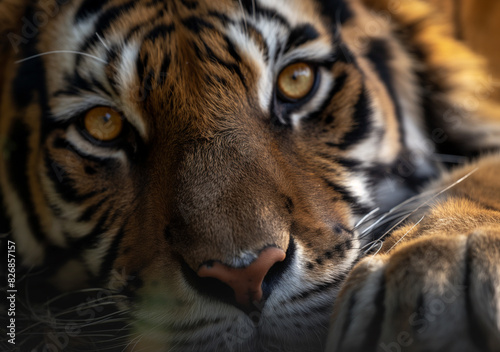 A close-up of a tiger s face with intense  piercing eyes and detailed fur patterns. 