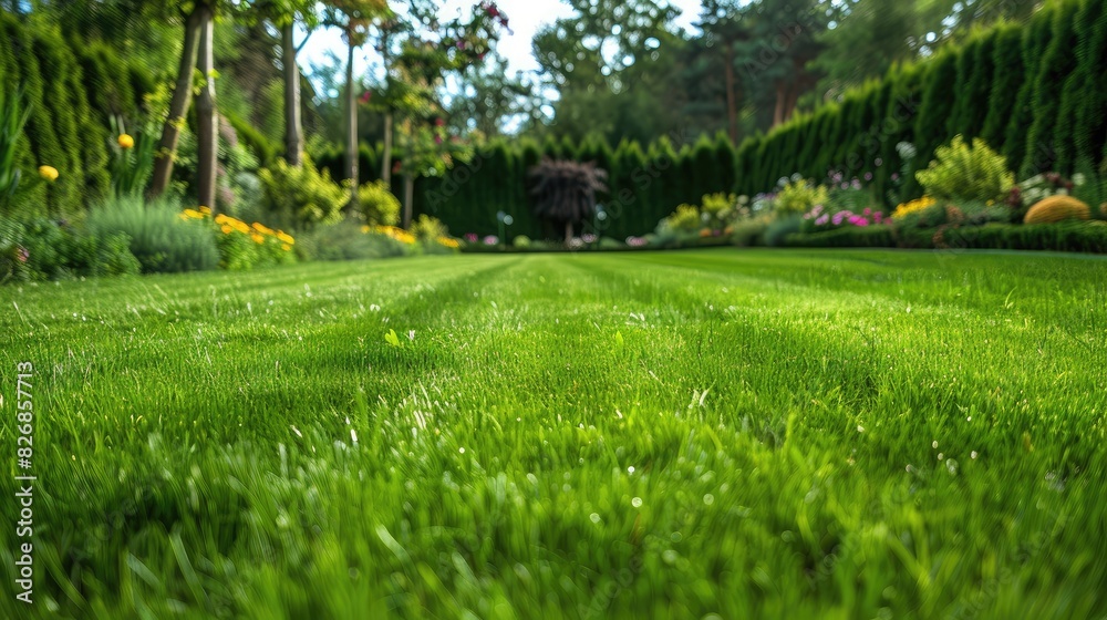 A neatly trimmed lawn with vibrant green grass, perfect for a summer background