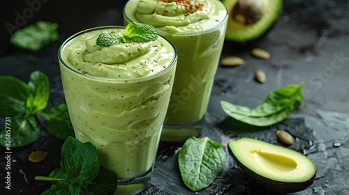 A delicious and healthy avocado smoothie made with fresh spinach, avocado, banana, and almond milk. This smoothie is packed with nutrients and is a great way to start your day. photo