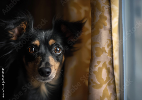 A small black and tan dog with large eyes and perky ears peeks from behind a patterned curtain.
