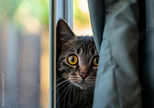 A tabby cat with wide yellow eyes peeks out from behind a curtain next to a window.
