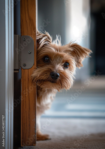 A small dog peeking curiously from behind a partially opened door.
