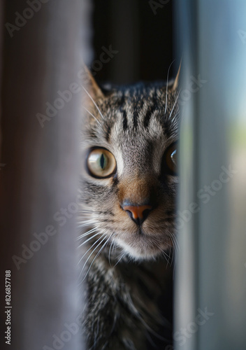 A tabby cat with wide eyes peeks out from behind a narrow gap between a curtain and a window frame.
