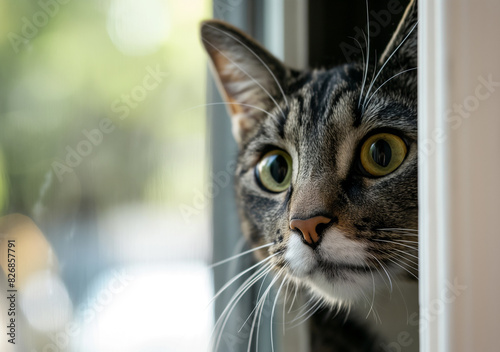 A tabby cat with wide green eyes peeks out from behind a door frame next to a window.
