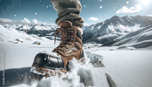 Close-up photo of a winter boot stepping into the snow with snow-covered mountains in the background. photo