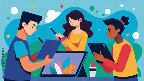 The students take turns using the styluses to add personal touches to their digital art adding details and splashes of color with precision and. Vector illustration