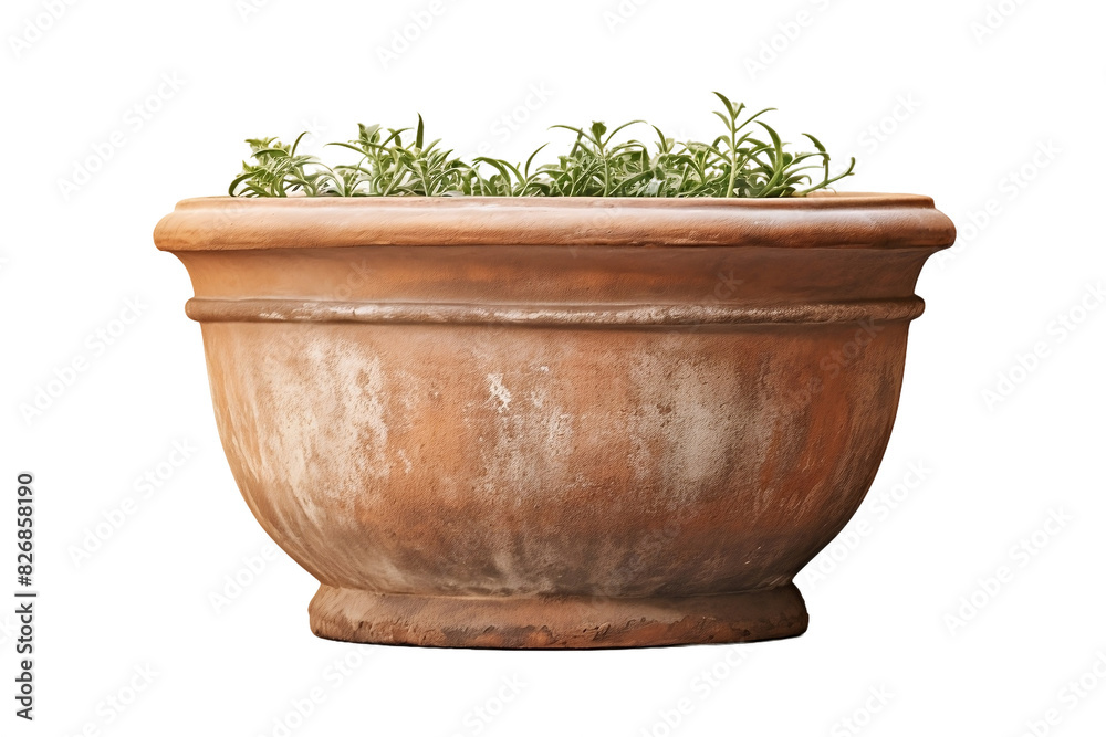 Weathered clay planter, offering a vintage-inspired look with a distressed finish.
