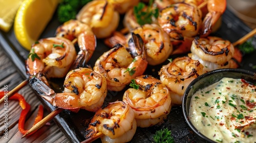 platter of grilled shrimp skewers served with garlic butter dipping sauce, a seafood lover's delight