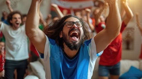 A crowd of fans in the stadium joyfully watches the soccer game, entertained by the players' gestures, smiling and having fun. AIG41