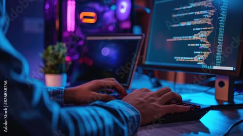 Close-up of a programmer's hands typing on a backlit keyboard, with lines of code displayed across multiple computer screens. AIG41 photo