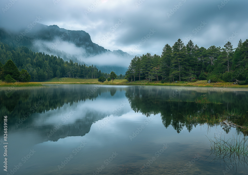 A serene lake surrounded by lush pine forests and mist-covered mountains under a cloudy sky.
A serene lake surrounded by lush pine forests and mist-covered mountains under a cloudy sky.