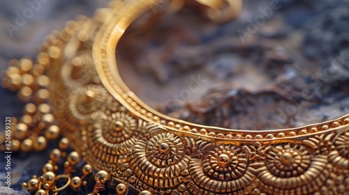 A traditional gold necklace with intricate patterns, reflecting cultural craftsmanship and timeless beauty