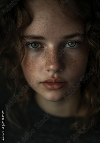 A close-up portrait of a young woman with green eyes  freckles  and curly hair  conveying a calm and introspective expression. 