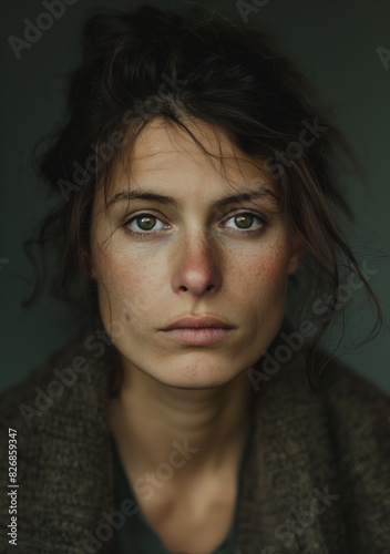 A close-up portrait of a woman with natural, understated beauty, gazing directly at the camera with a neutral expression. 