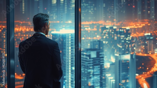 A man in a suit gazes through azure-tinted glass, captivated by the electric blue sky and the symmetrical skyscrapers towering in the cityscape. AIG41 © Summit Art Creations