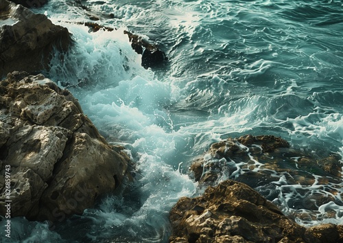 Turquoise waves crashing against rocky shore in daylight