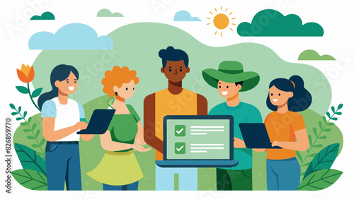 A group of students developing a website that connects local farmers with consumers to reduce carbon emissions from food transportation.. Vector illustration