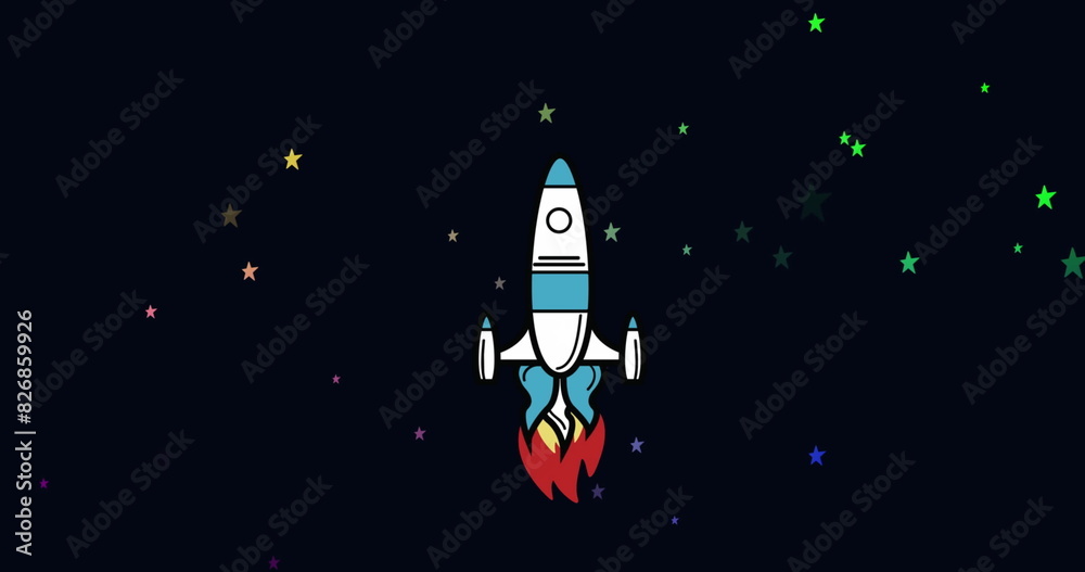 A rocket, emitting flames, flying through dark background dotted with stars A rocket, emitting flames, flying through dark background dotted with stars