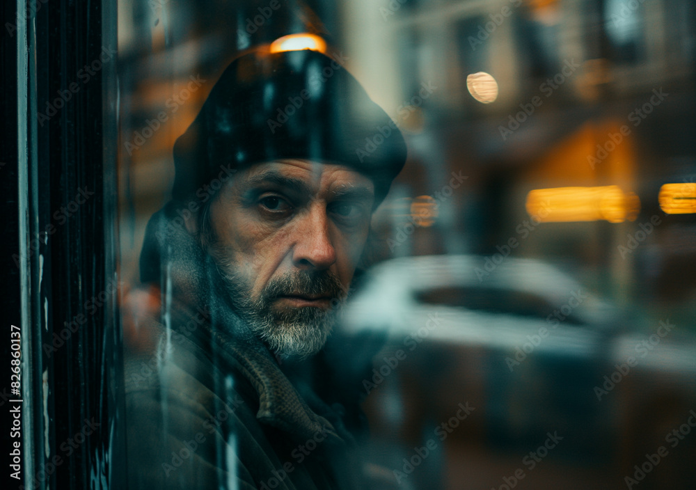A pensive man with a beanie and a beard is seen through a window with reflections of a cityscape.

