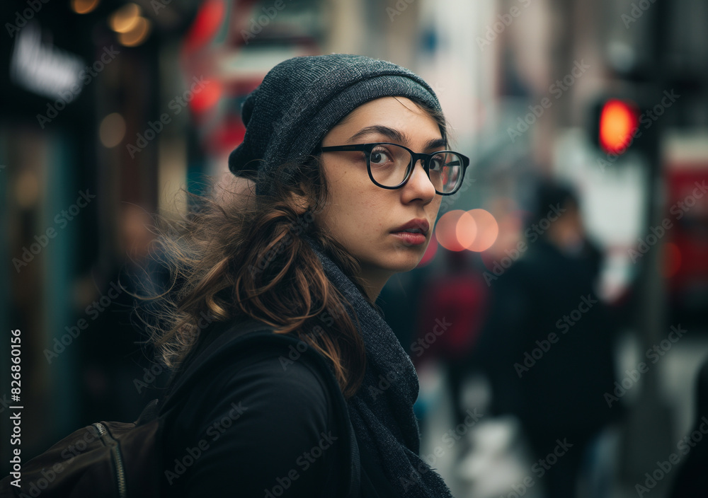 A woman wearing glasses and a beanie stands on a busy city street, looking back with a curious expression.
A woman wearing glasses and a beanie stands on a busy city street, looking back with a curious expression.