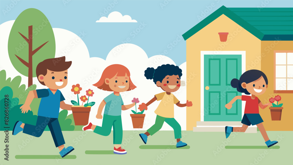 Children excitedly run from one house to the next leaving small handpainted flower pots on doorsteps as a surprise for their neighbors spreading joy. Vector illustration