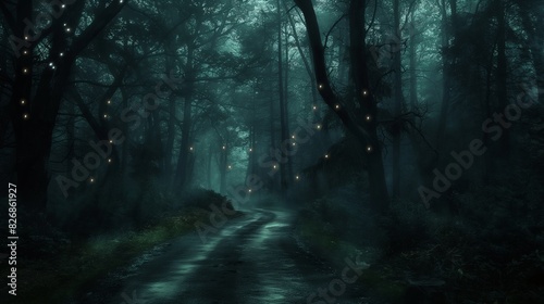 A dark forest road with the path dimly lit by scattered patches of moonlight breaking through the canopy, creating an eerie atmosphere 32k, full ultra hd, high resolution © Taswar