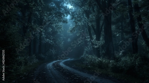 A dark forest road with the path dimly lit by scattered patches of moonlight breaking through the canopy, creating an eerie atmosphere 32k, full ultra hd, high resolution