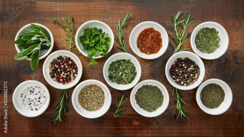 Herbs and spices displayed in white bowls on a wooden table