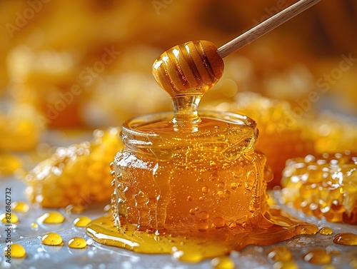 Glass Jar with Lid, Drizzled with Honey and Stirring Stick, Centered in the Frame Against Solid Color Background