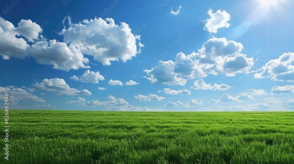 Obraz premium An expansive field of grass with a bright blue sky and fluffy white clouds overhead