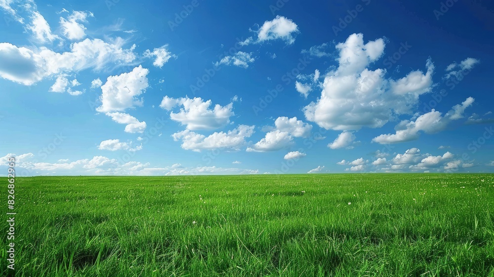 An expansive field of grass with a bright blue sky and fluffy white clouds overhead An expansive field of grass with a bright blue sky and fluffy white clouds overhead