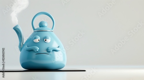 A 3D cartoon kettle character in metallic blue, feeling hot, with a gentle steam whistle, placed on a stove, isolated on white background