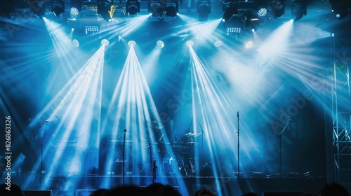Bright stage spotlights shining on a band performing live, creating a dramatic effect