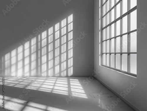 Natural light rays casting minimal shadows on a white wall, creating a trace of monotone.
