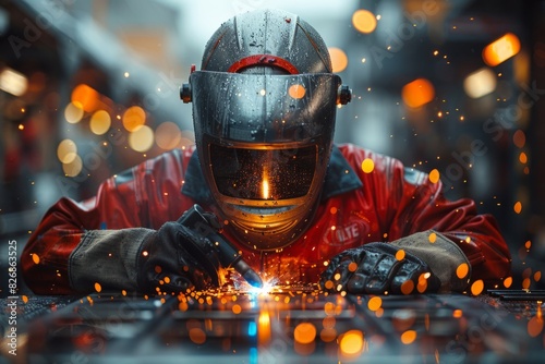 An industrial worker welds in a workshop, wearing safety gear helmet and gloves, sparks flying photo