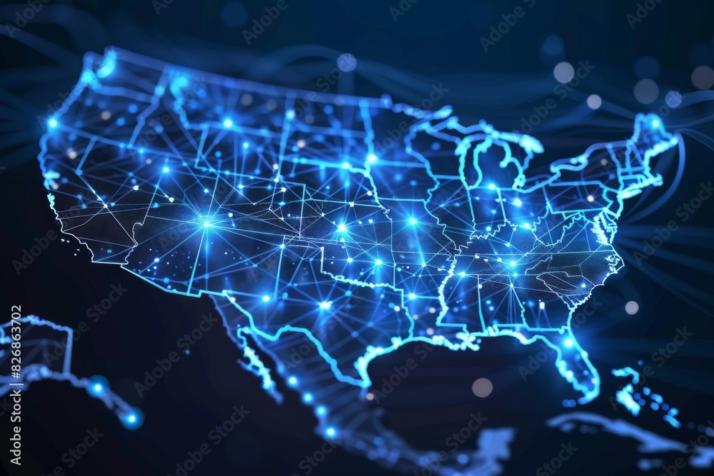 Digital map of america network connectivity created with generative ai Digital map of america network connectivity created with generative ai