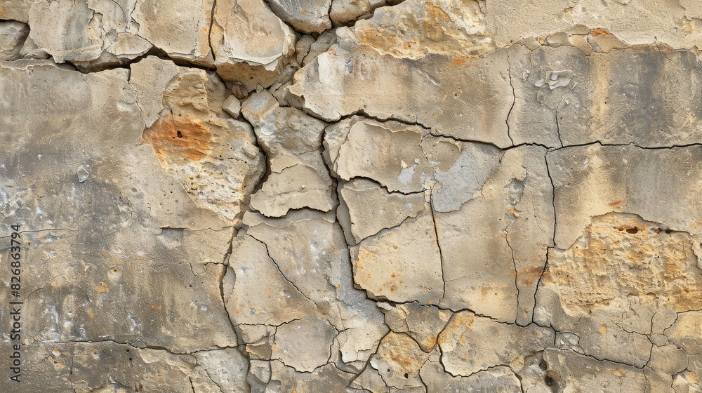 Close-up of a cracked and weathered stone wall, highlighting its textured surface and aged appearance