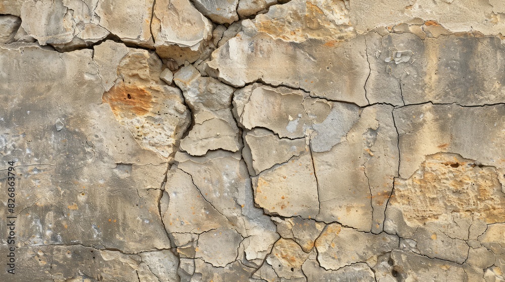 Fototapeta premium Close-up of a cracked and weathered stone wall, highlighting its textured surface and aged appearance