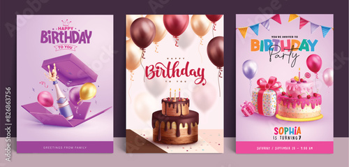 Birthday greeting card vector poster set design. Happy birthday greeting text with wine, gift box, cake and balloons decoration elements for invitation card collection. Vector illustration birthday 