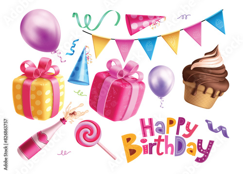 Birthday elements vector set design. Birthday gifts, party hat, balloons, wine bottle, ice cream and pennants decoration elements collection in white isolated background. Vector illustration birthday 