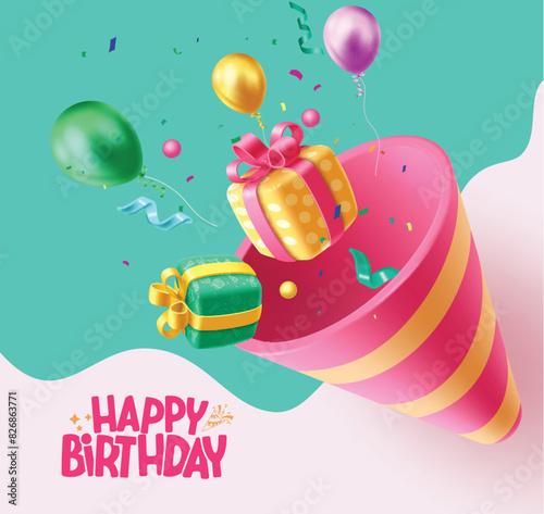 Birthday party hat vector design. Happy birthday greeting text with pink cone shape party cap, gift box and balloons party elements decoration. Vector illustration birthday greeting design.
