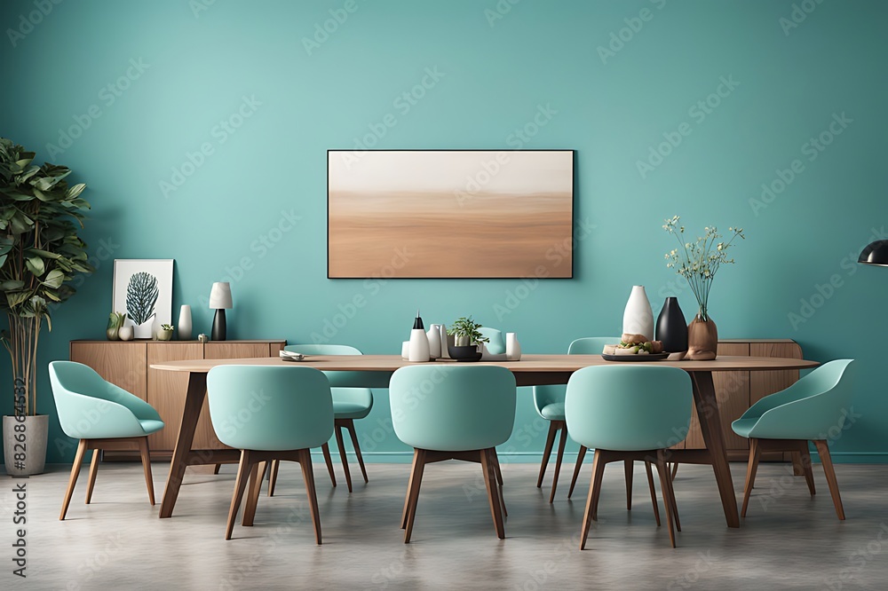 Meeting Area or Dining Room with Large Black Round Table and Teal Cyan Chairs. Empty Wall with Turquoise Azure Paint Color Accent. Modern Kitchen Interior for Home or Cafe. Art Mockup. 3D Render. Meeting Area or Dining Room with Large Black Round Table and Teal Cyan Chairs. Empty Wall with Turquoise Azure Paint Color Accent. Modern Kitchen Interior for Home or Cafe. Art Mockup. 3D Render.