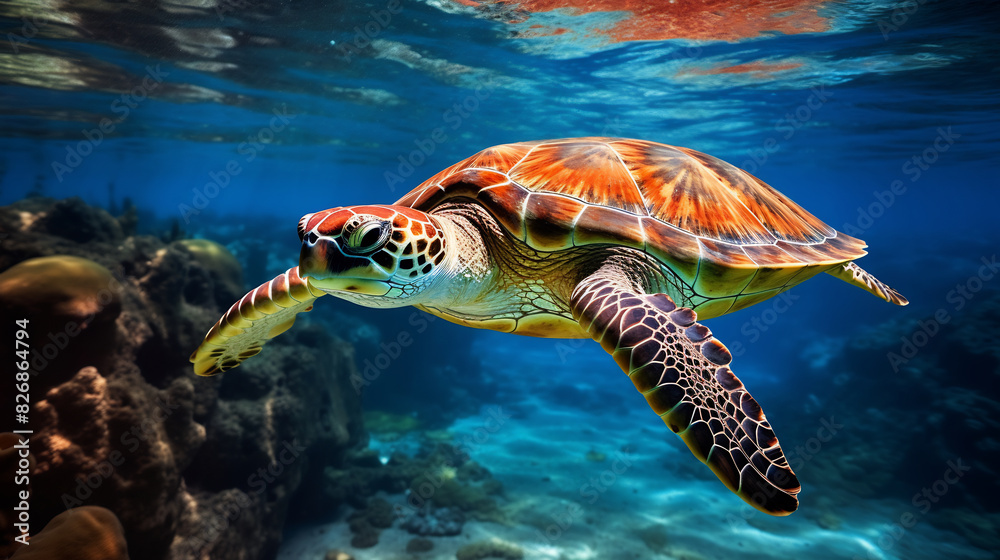 Obraz premium Colorful sea turtle swimming gracefully underwater, surrounded by vibrant coral reefs and marine life, showcasing the beauty of the ocean ecosystem