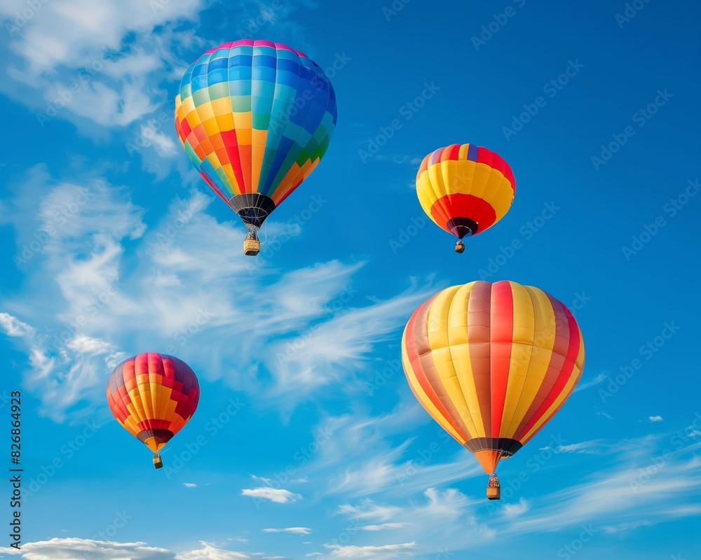 Vibrant Hot Air Balloons Floating in a Clear Blue Sky with Clouds